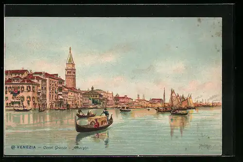 Lithographie Venezia, Canal Grande, Alberghi