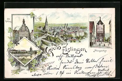 Lithographie Esslingen, Alt-Rathaus, Pliensauthor, Gesamtansicht