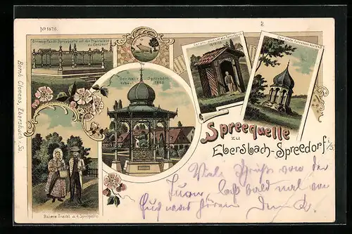 Lithographie Ebersbach-Spreedorf i. S., neuer und alter Spreeborn, Spreequelle, Bauerntracht