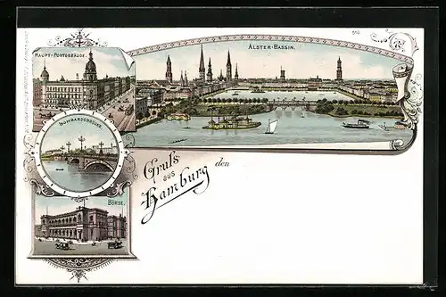 Lithographie Hamburg, Haupt-Postgebäude, Alster-Bassin, Börse