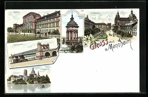 Lithographie Mannheim, Wasserthurm, Schillerplatz, Schloss