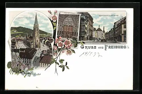Lithographie Freiburg i. B., Münster mit Schlossberg, Kaiserstrasse mit Martinsthor