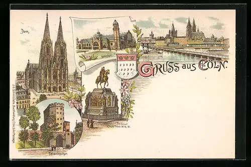 Lithographie Köln, Dom, Severinsthor, Bahnhof, Gesamtansicht