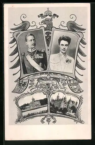 AK Portraits Kronprinz Wilhelm von Preussen & Cecilie, Marmorpalais & Schloss Schwerin