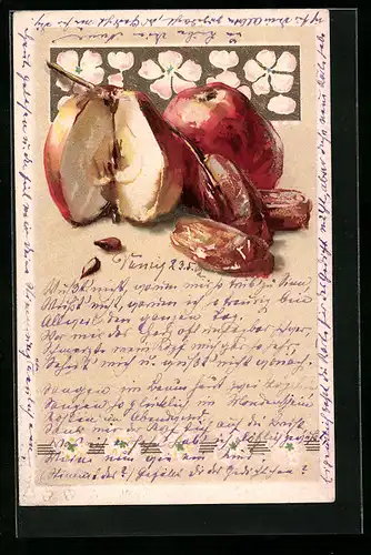 Präge-AK Aufgeschnittener und ganzer Apfel mit Kernen