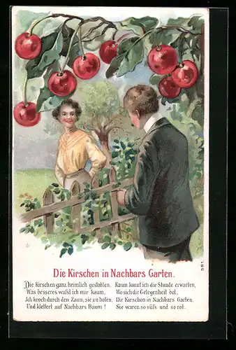 Präge-AK Die Kirschen in Nachbars Garten, Liebespaar unter Kirschen am Gartenzaun