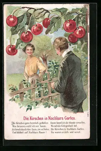 Präge-AK Die Kirschen in Nachbars Garten, Liebespaar am Gartenzaun