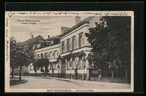 AK Bad Dürkheim, Kurbrunnenstrasse mit Höherer Mädchenschule und Institut Heeger