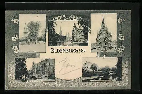 AK Oldenburg i. Gr., Kirchhofslinde, Rathaus, Schloss & Lambertikirche