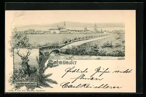 Künstler-AK Salmünster, Gesamtansicht, Waidmannsheil mit Hirsch
