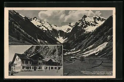 AK Oberstdorf / Allgäu, Gasthaus-Pension Spielmannsau, Gebirgspanorama