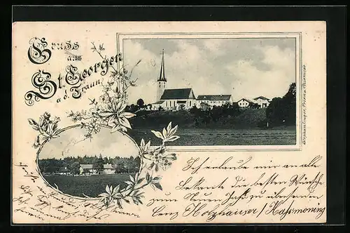 AK St. Georgen a. d. Traun, Teilansicht mit Kirche, Gebäudeansicht