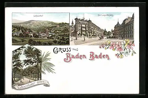 Lithographie Baden-Baden, Leopoldsplatz, Lichtenthaler Allee, Gesamtansicht von Lichtenthal