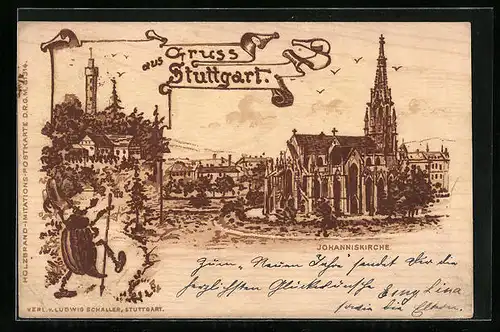 Holzbrand-Imitations-AK Stuttgart, Johanniskirche, wandernder Maikäfer