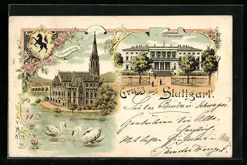 Lithographie Stuttgart, Johanniskirche, Wilhelmspalast, Stadtwappen
