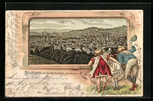 Lithographie Stuttgart, Panoramablick von der Karlshöhe aus, Kinder am Stadtrand
