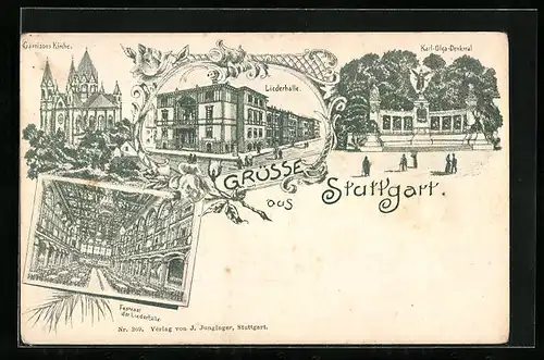 AK Stuttgart, Liederhalle, Garnisonkirche, Karl-Olga-Denkmal