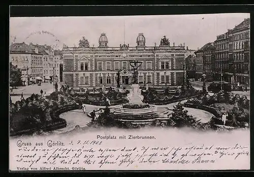 AK Görlitz, Postplatz mit Zierbrunnen