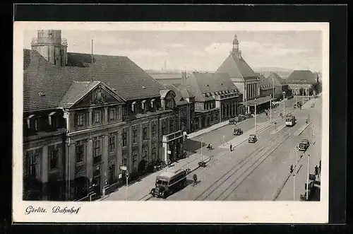 AK Görlitz, Bahnhof mit Strassenbahn