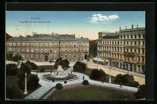 AK Görlitz, Postplatz mit Gerichtsgebäude