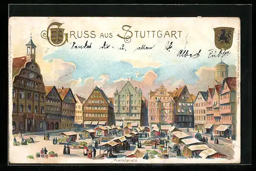 Lithographie Stuttgart, Marktplatz mit Stadtwappen