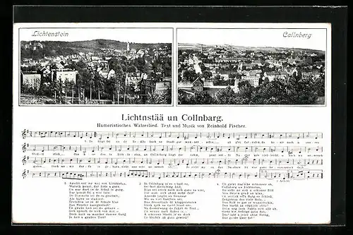 AK Lichtenstein, Gesamtansicht, Panorama von Callnberg, Liedtext- und Notenzeilen Lichtnstää un Collnbarg