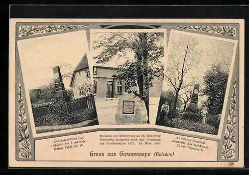 AK Grossenaspe / Holstein, Zweikaiser-Denkmal, Denkmal & Friedenseiche