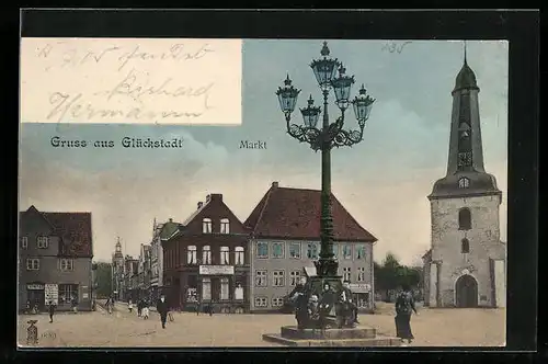AK Glückstadt, Markt mit Kirche und Passanten