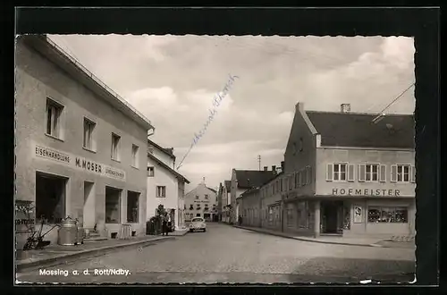 AK Massing a. d. Rott, Ortsansicht mit Eisenhandlung M. Moser und Haus Hofmeister