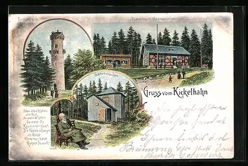 Lithographie Ilmenau, Restaurant Gabelbach, Göthehäuschen, Turm auf dem Kickelhahn