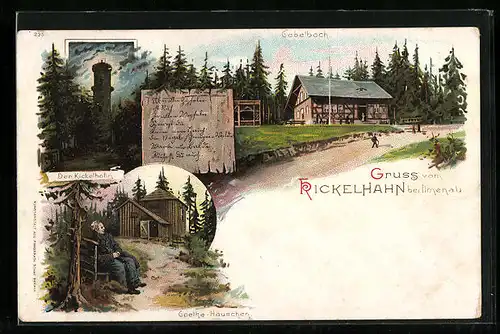Lithographie Ilmenau, Restaurant Gabelbach, Aussichtsturm Kickelhahn, Goethehäuschen