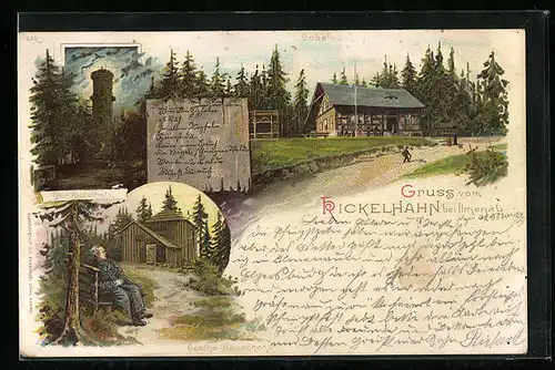 Lithographie Ilmenau, Restaurant Gabelbach, Aussichtsturm Kickelhahn, Goethehäuschen