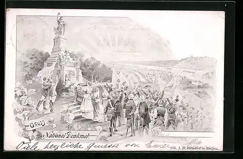Künstler-AK Niederwald, Nationaldenkmal mit jubelnder Menge