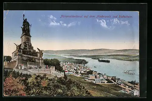 AK Rüdesheim, Ortsansicht mit Nationaldenkmal auf dem Niederwald