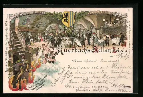 Lithographie Leipzig, Auerbach`s Keller, Faust-Keller, Göthe-Zimmer, Doctor Faustus