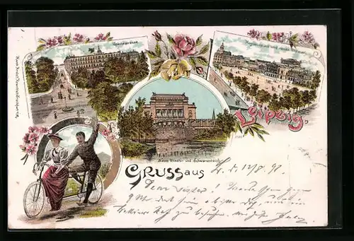 Lithographie Leipzig, Goethestrasse, Neues Theater und Schwanenteich, Blumenmotiv, Tandemfahrt