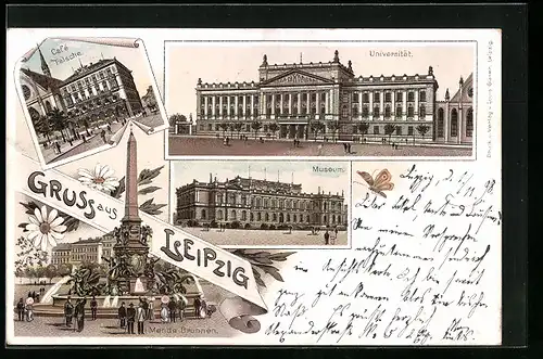 Lithographie Leipzig, Mende Brunnen, Café Felsche, Universität, Museum