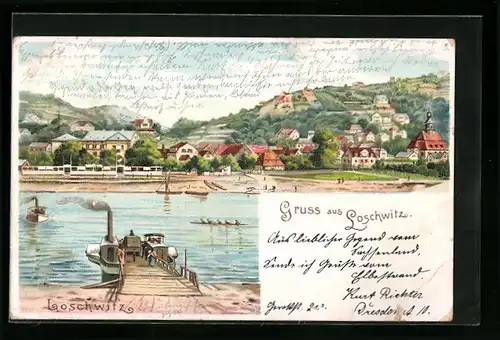 Lithographie Dresden-Loschwitz, Ortsansicht vom Ufer aus, Dampffähre und Boote