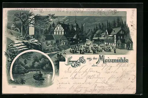 Mondschein-Lithographie Dresden-Pillnitz, Ortspartie mit Gebäuden, Ruderboot und Brücke