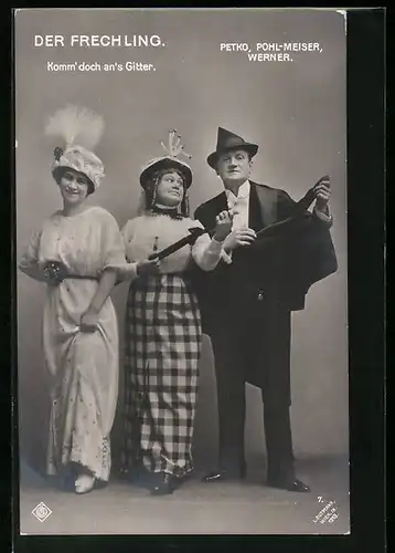 AK Szene aus der Operette Der Frechling mit Petko, Pohl-Meiser und Werner, Komm` doch an`s Gitter