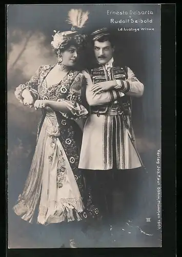 AK Ernesta Delsarta und Rudolf Seibold in der Operette Die lustige Witwe, Das Lied vom dummen Reiter