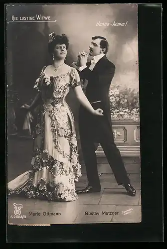 AK Operette Die lustige Witwe, Szenenbild mit Marie Ottmann und Gustav Matzner