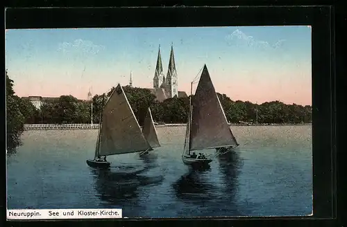 AK Neuruppin, See mit Segelbooten und Kloster-Kirche