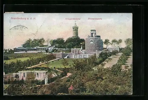 AK Brandenburg a. d. H., Ortspartie mit Bismarckwarte und Kriegerdenkmal
