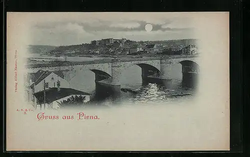 Mondschein-AK Pirna, Ortsansicht hinter Brücke