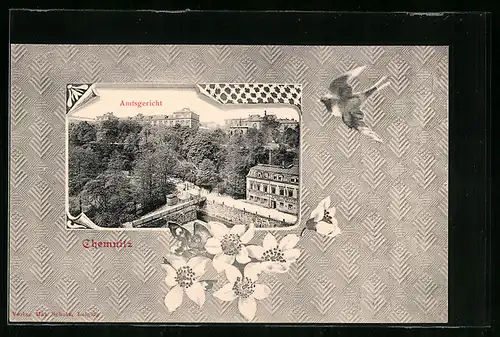 Passepartout-AK Chemnitz, Amtsgericht mit Strasse und Brücke aus der Vogelschau