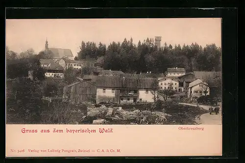 AK Oberkreuzberg /Bay., Ortsansicht mit Kirche und Turm