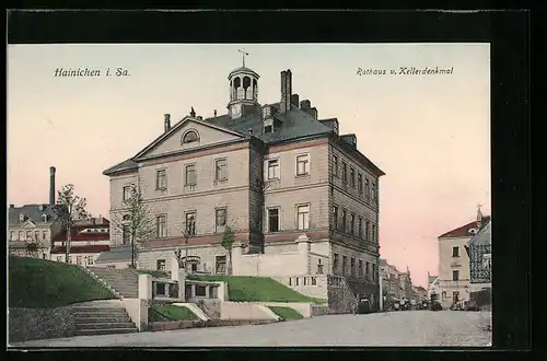 AK Hainichen /Sa., Rathaus v. Kellerdenkmal