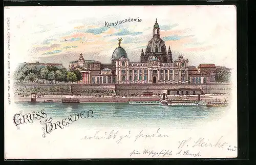 Lithographie Dresden, Kunstacademie, vom Wasser gesehen