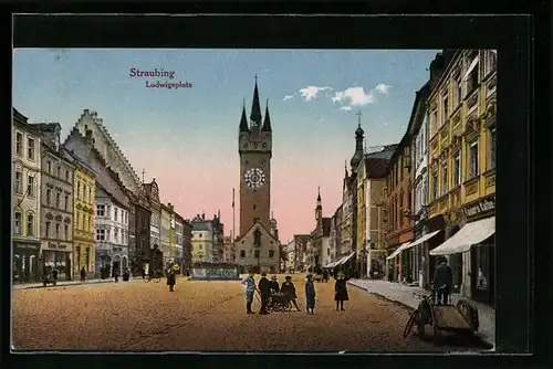 AK Straubing, Ludwigsplatz mit Geschäften und Turm